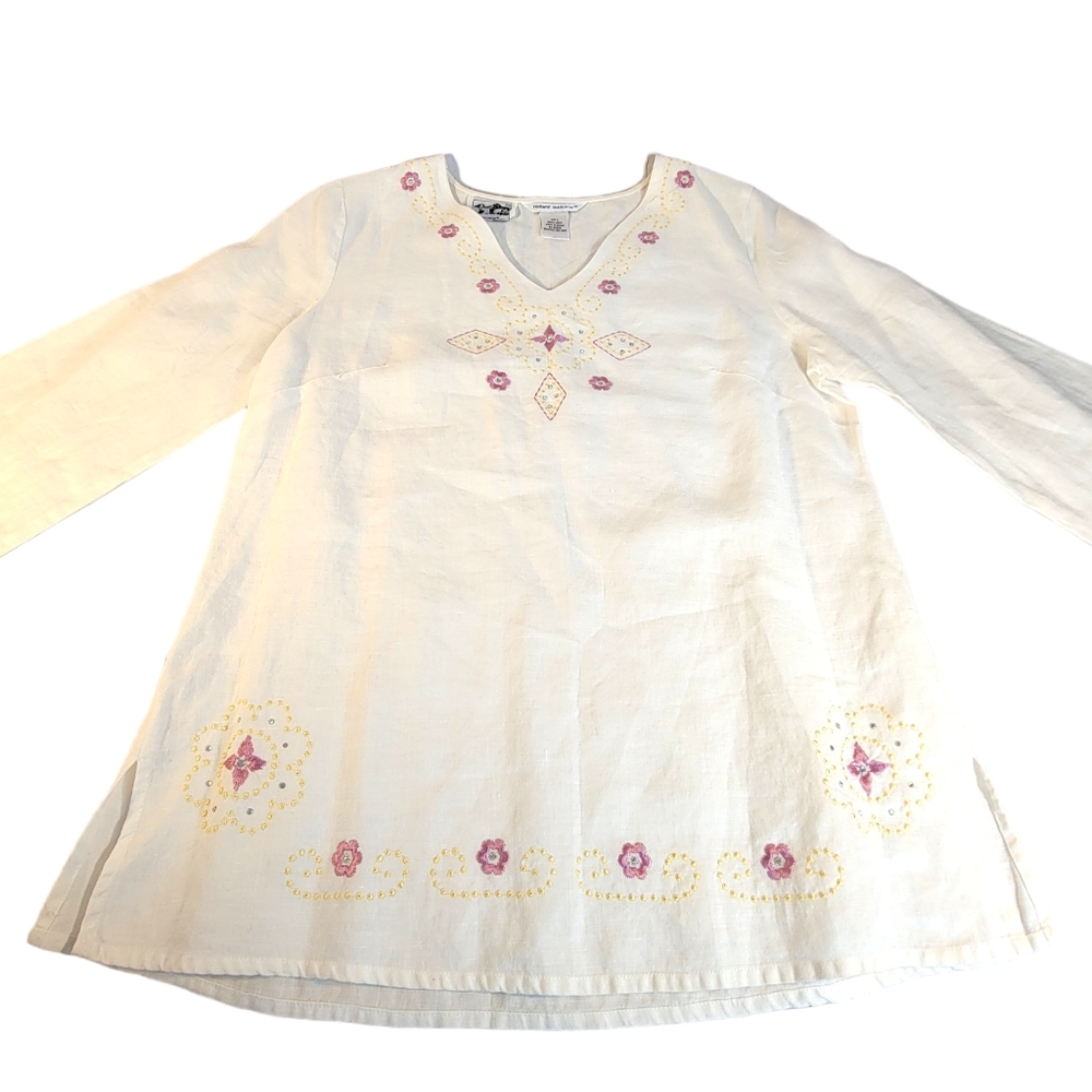 Richard Malcolm 100% Irish Linen Floral Embroidered Breathable Blouse Women's S